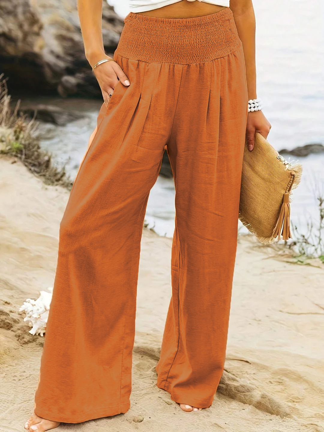 Wide Leg Pants Women's Smocked Waist with Pockets - Image 6