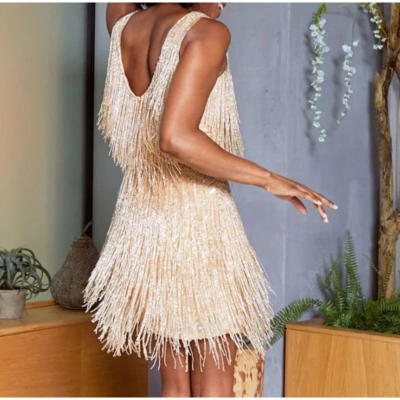 Lisa – Elegant Glimmer Feather Mini Dress for Women - Image 3