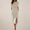 Emilia – Elegant Midi Dress with Button Detail and Side Slit - Image 1