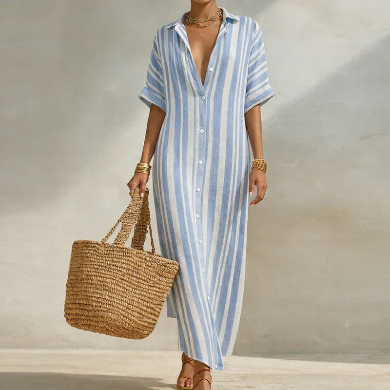 Maxi Dress Women Striped Button-Up with Short Sleeves - Image 4