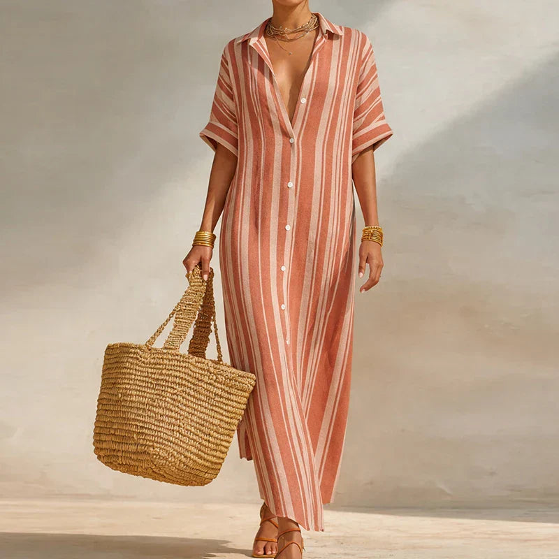 Maxi Dress Women Striped Button-Up with Short Sleeves - Image 3