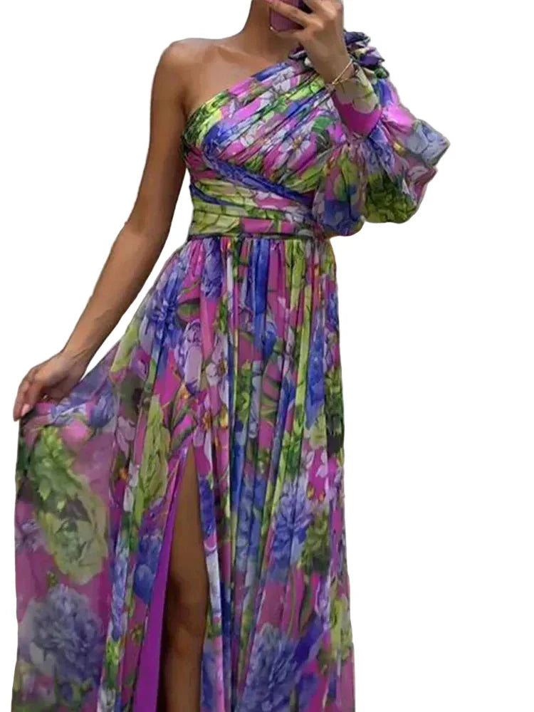 Lea –  Side Print Slit One Sleeve Dress - Image 1
