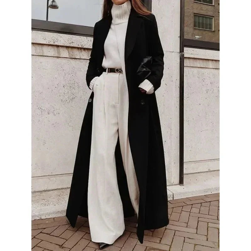 Alicja – Elegancki Damski Płaszcz Maxi z Klasycznym Kołnierzem