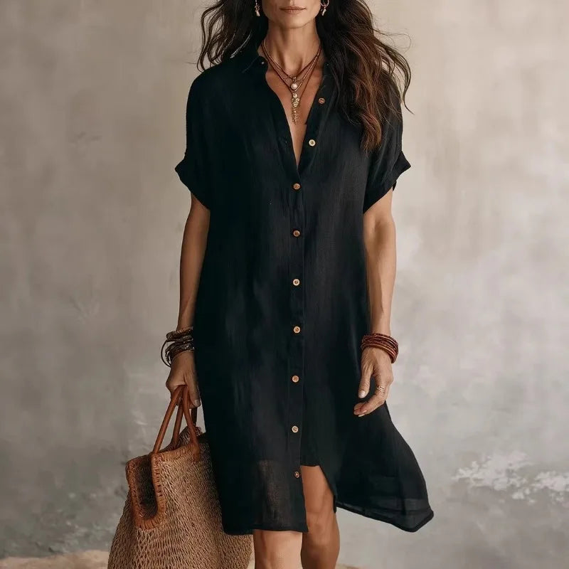 Shirt Dress Women in Soft Black Fabric with Relaxed Fit - Image 1