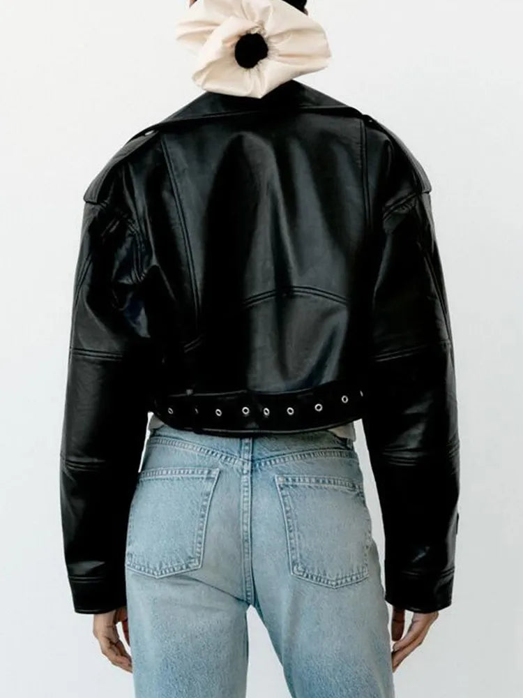 Biker Jacket Women's Cropped Design with Belted Waist - Image 4