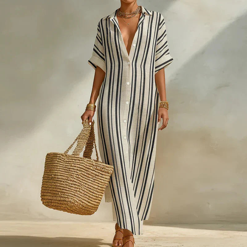 Maxi Dress Women Striped Button-Up with Short Sleeves - Image 1