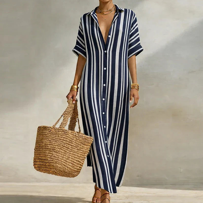 Maxi Dress Women Striped Button-Up with Short Sleeves - Image 2