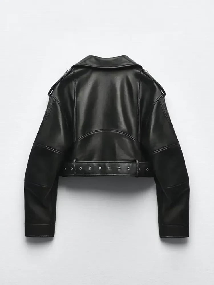 Biker Jacket Women's Cropped Design with Belted Waist - Image 3