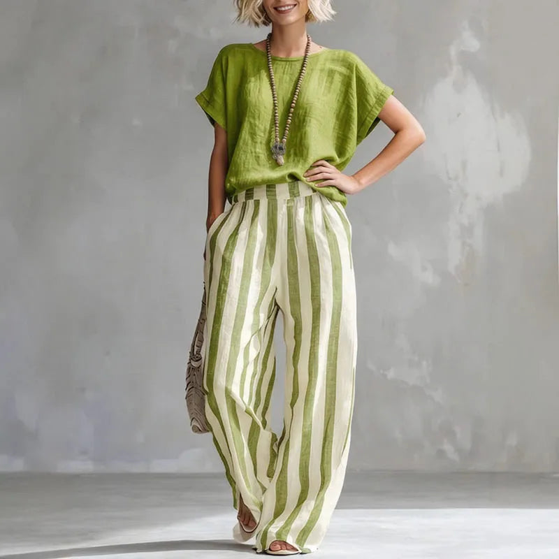 Top and Striped Trousers Set Women's Soft Linen-Look Fabric for Effortless Style - Image 6