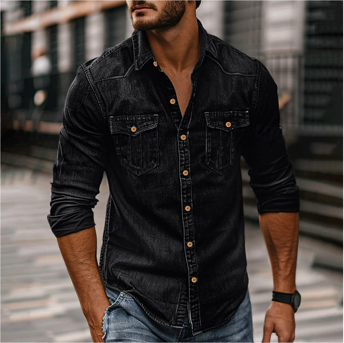 Adrian – Denimowa Koszula Męska Slim Fit z Długim Rękawem