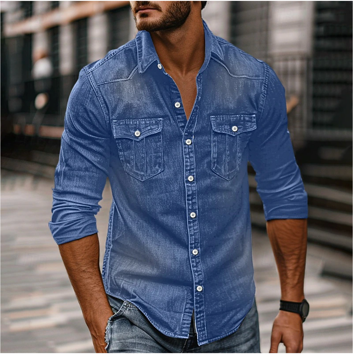 Adrian – Denimowa Koszula Męska Slim Fit z Długim Rękawem