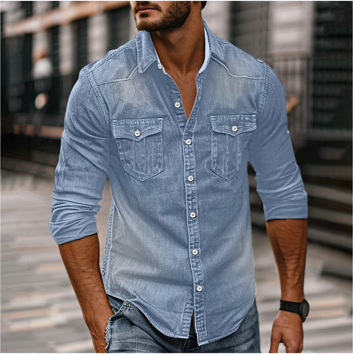 Adrian – Denimowa Koszula Męska Slim Fit z Długim Rękawem