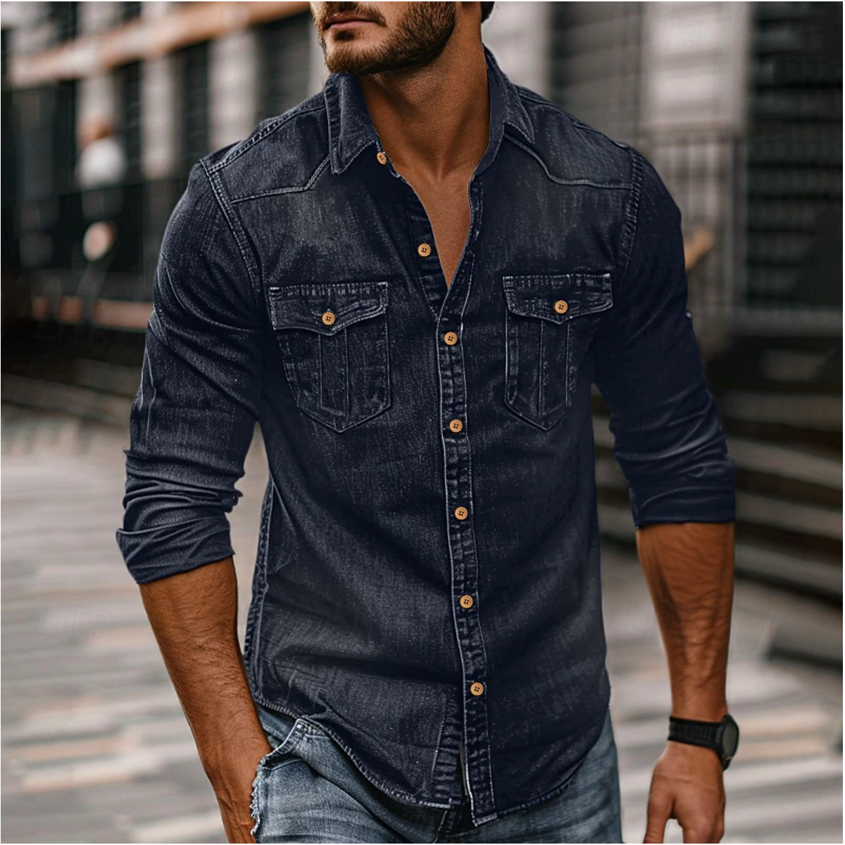 Adrian – Denimowa Koszula Męska Slim Fit z Długim Rękawem