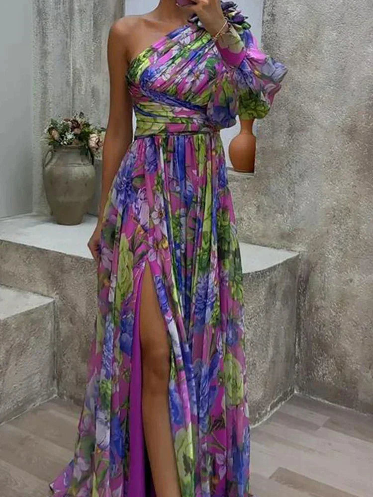 Lea –  Side Print Slit One Sleeve Dress - Image 2