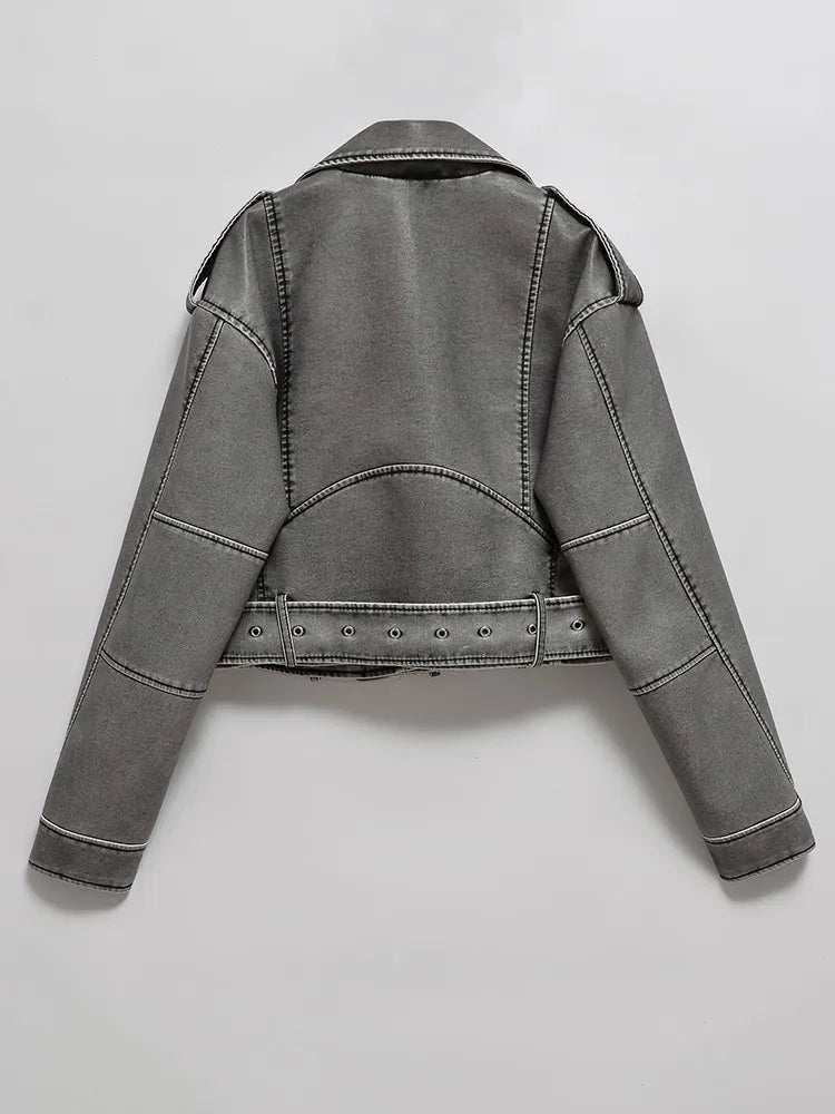 Cropped Moto Jacket Women's with Belted Waist - Image 2
