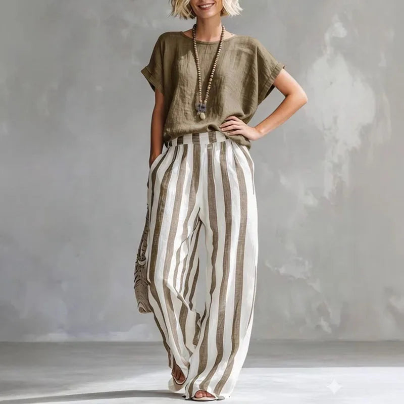 Top and Striped Trousers Set Women's Soft Linen-Look Fabric for Effortless Style - Image 3