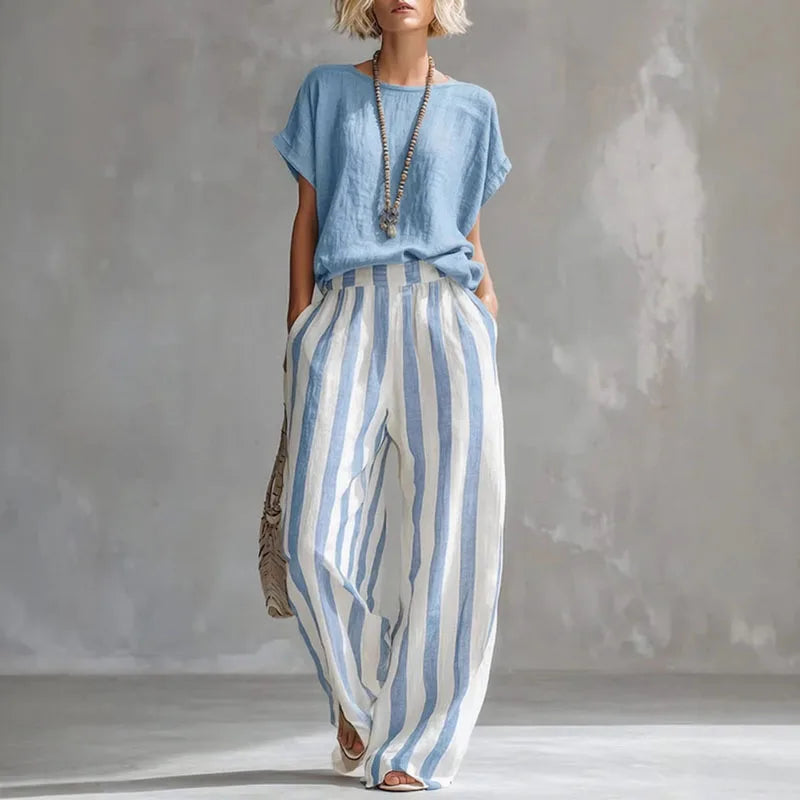 Top and Striped Trousers Set Women's Soft Linen-Look Fabric for Effortless Style - Image 4