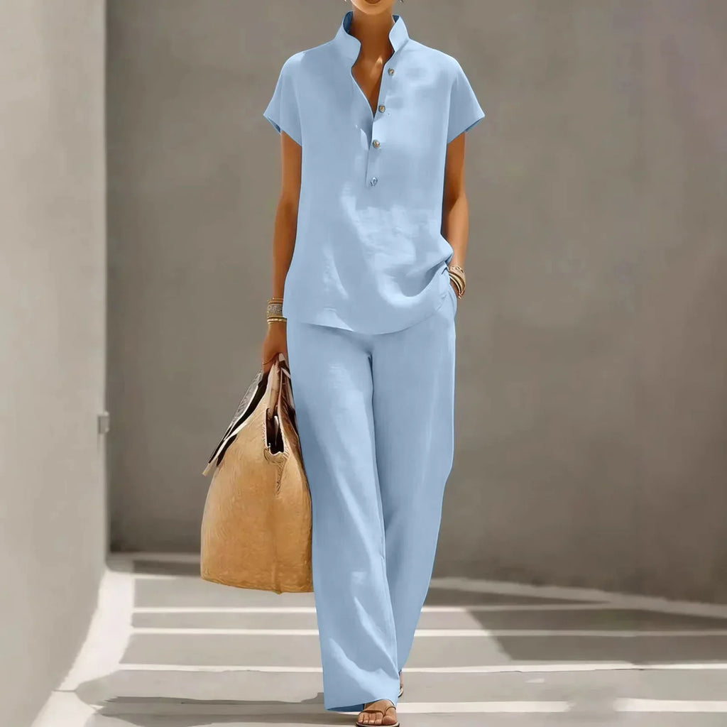 Shirt and Pants Set Women's Soft Look with Button Details - Image 1