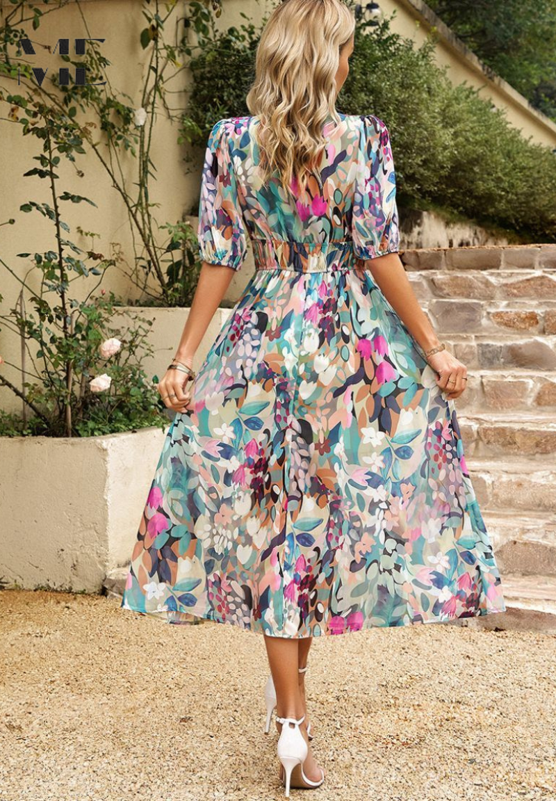 Clara –  V-neck Printed Short-sleeved Dress - Image 2