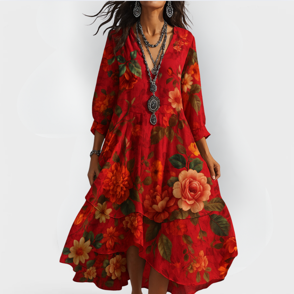 Stefanie – Floral V-Neck 3/4 Sleeve Dress - Image 2