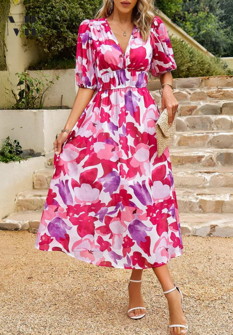 Gesine – V-neck Printed Short-sleeved  Dress - Image 13