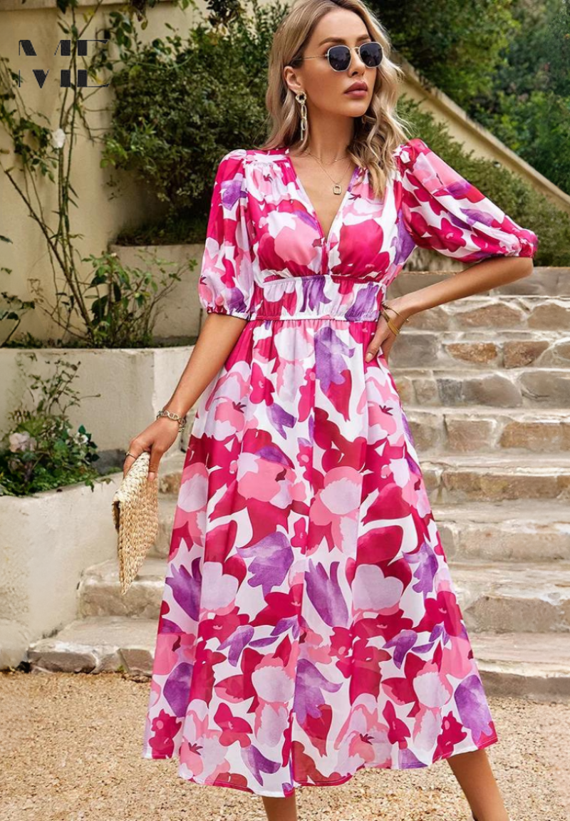 Clara –  V-neck Printed Short-sleeved Dress - Image 17
