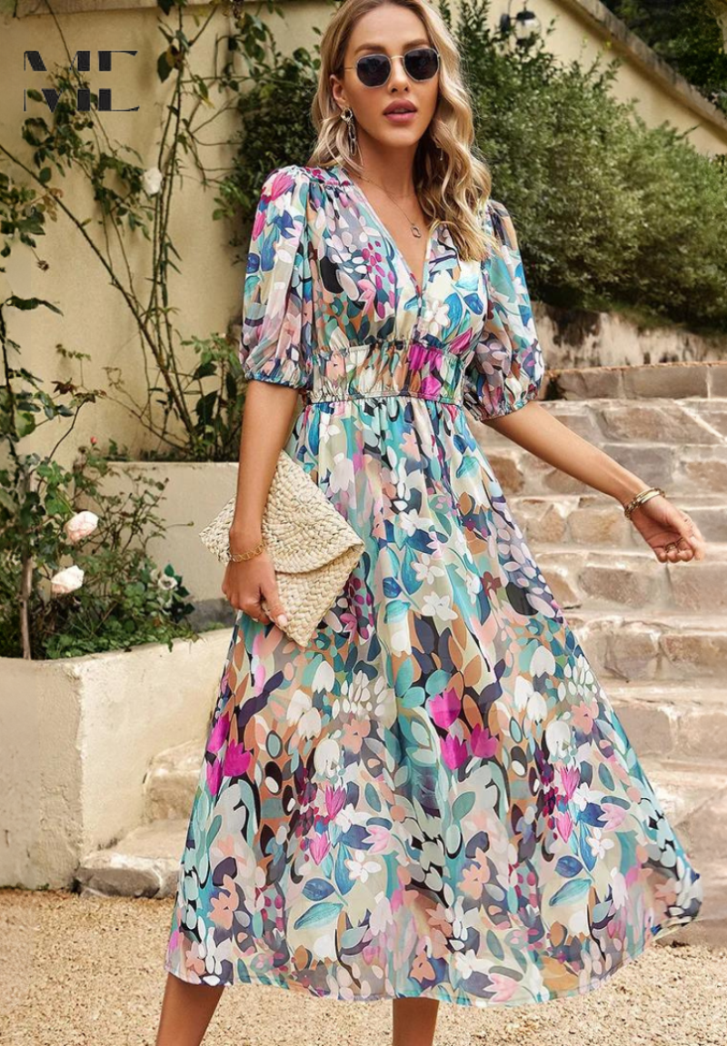 Gesine – V-neck Printed Short-sleeved  Dress - Image 4