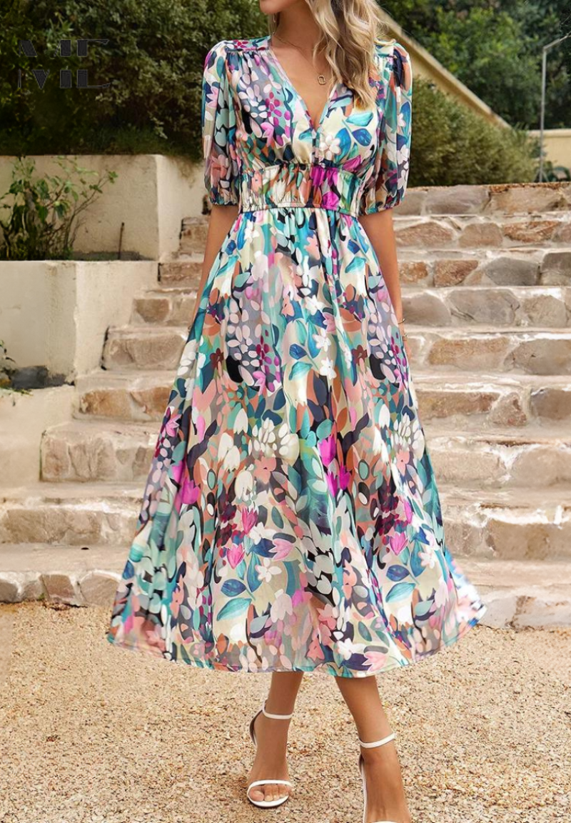 Gesine – V-neck Printed Short-sleeved  Dress - Image 3