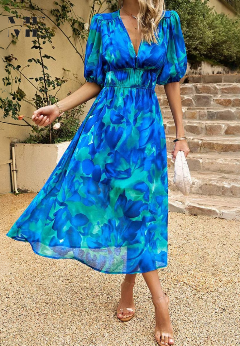 Clara –  V-neck Printed Short-sleeved Dress - Image 8