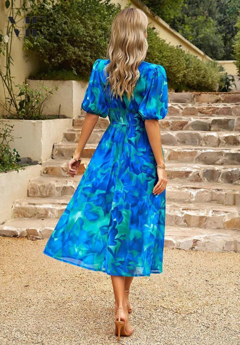 Clara –  V-neck Printed Short-sleeved Dress - Image 6