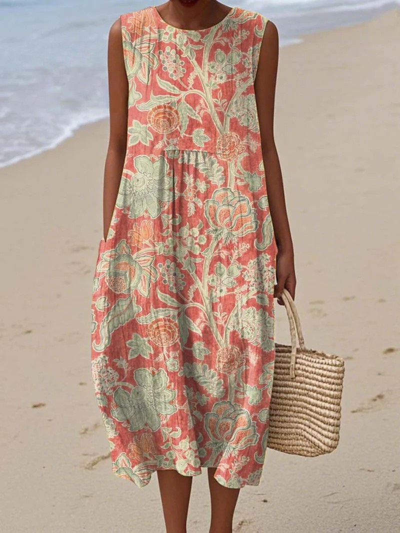 Floral Midi Dress Women's Soft Cotton Look Comfortable Fit - Image 1