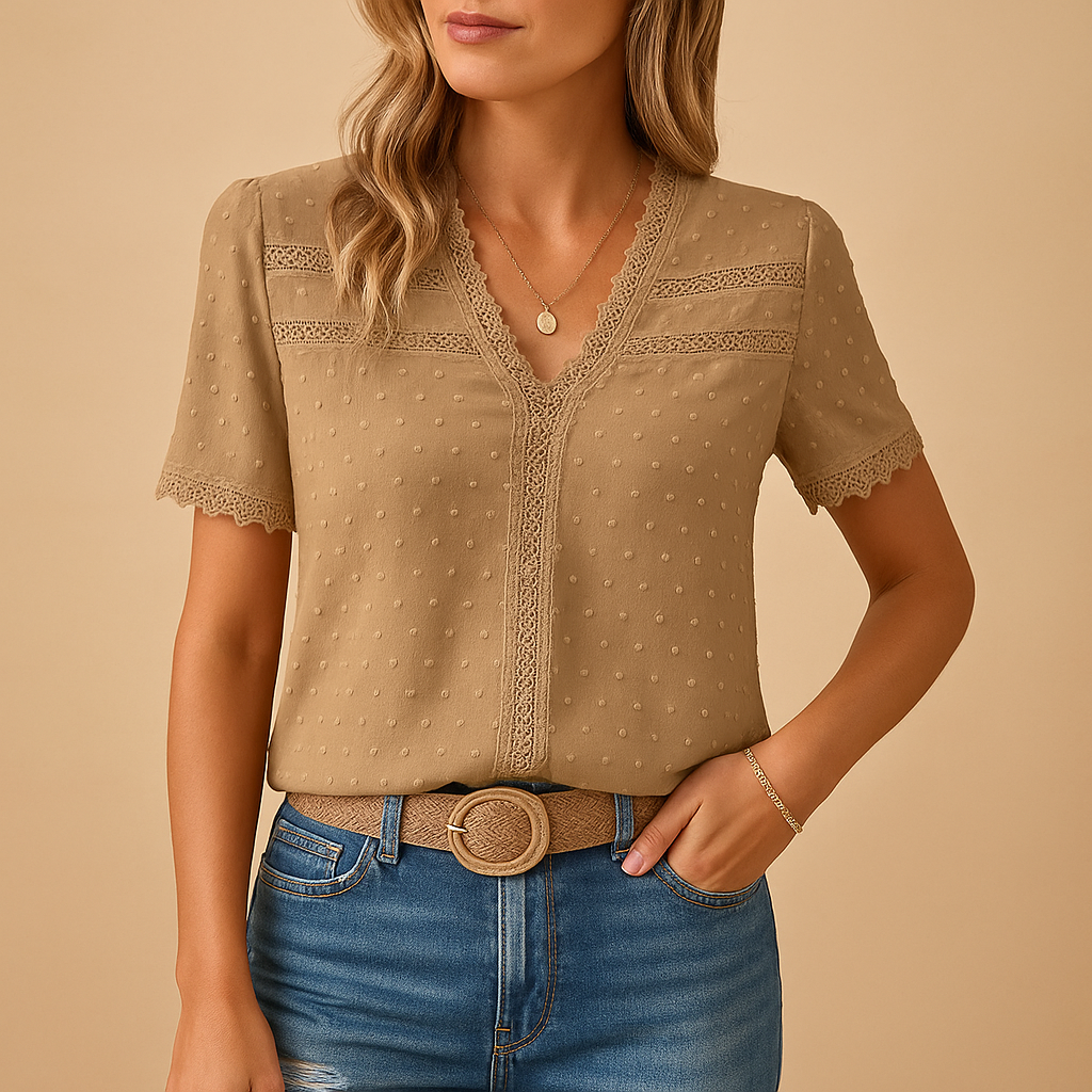 Kirsten – V-Neck Lace Trim Blouse - Image 1