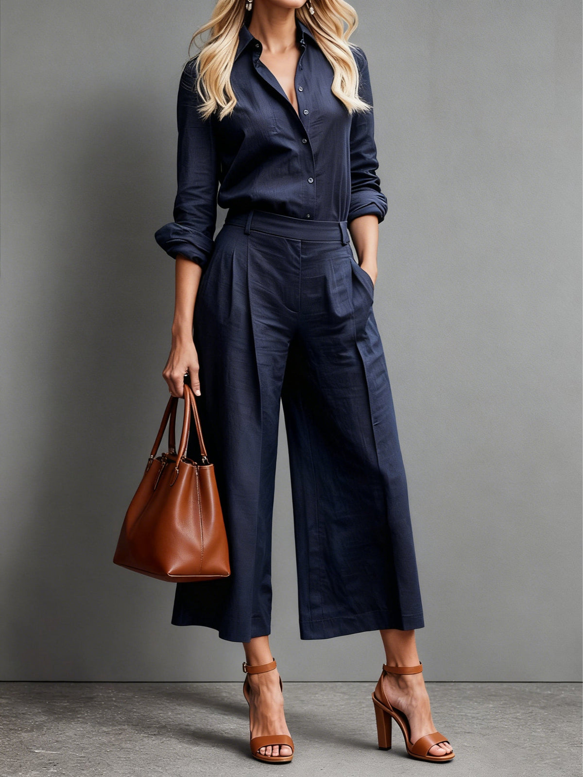 Two-Piece Set Women - Button-Up Top & Wide-Leg Pants  - Image 3