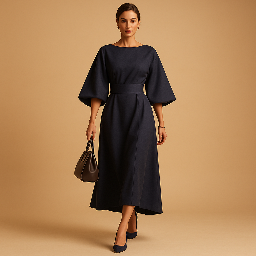 Charlotte – Elegancka długa sukienka z rozkloszowanymi rękawami