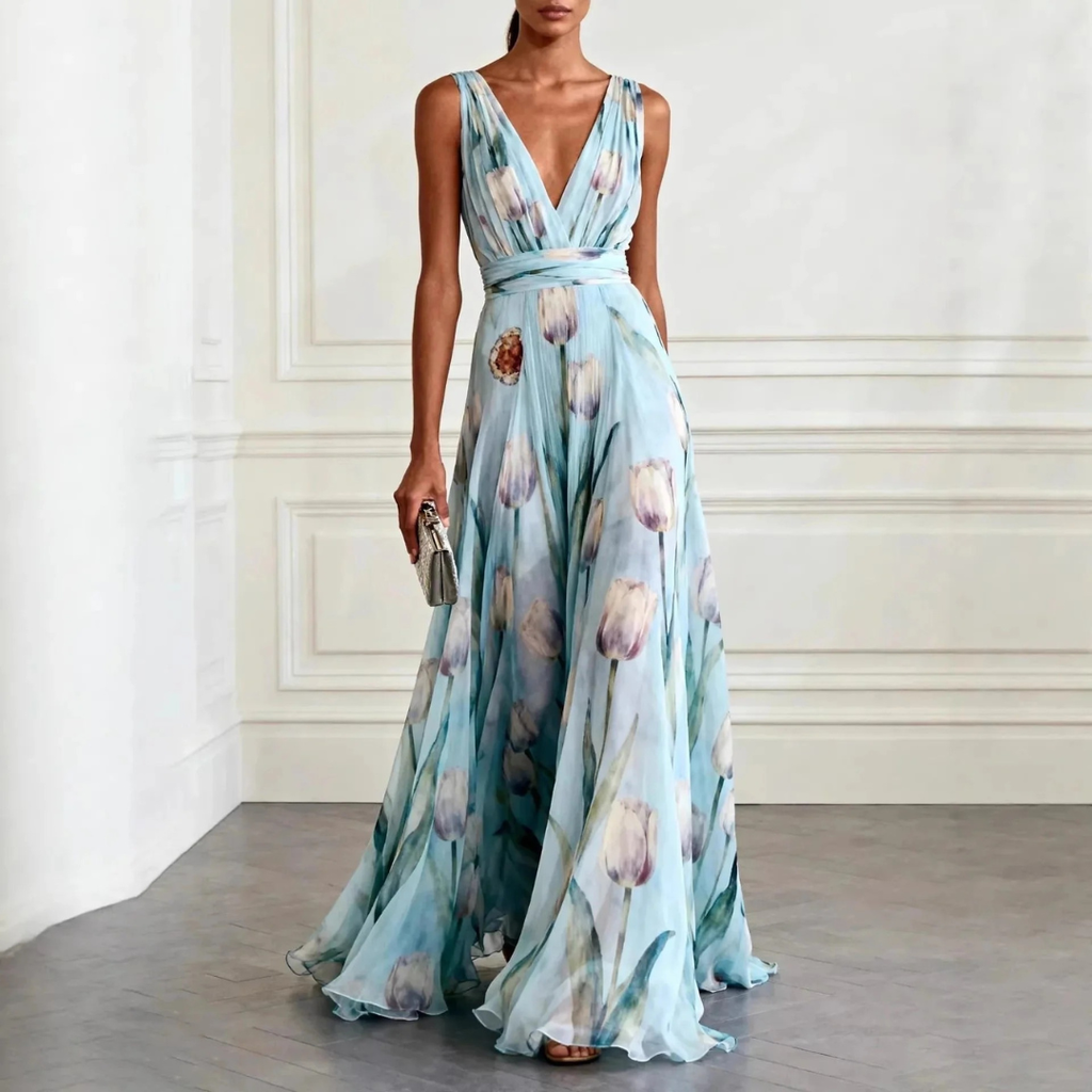 Maxi Dress Women's Floral Print Deep V-Neck Flowy Skirt - Image 1