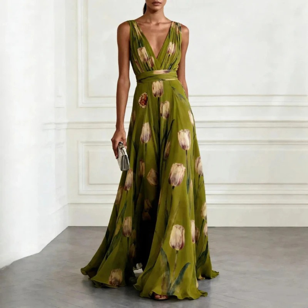 Maxi Dress Women's Floral Print Deep V-Neck Flowy Skirt - Image 6