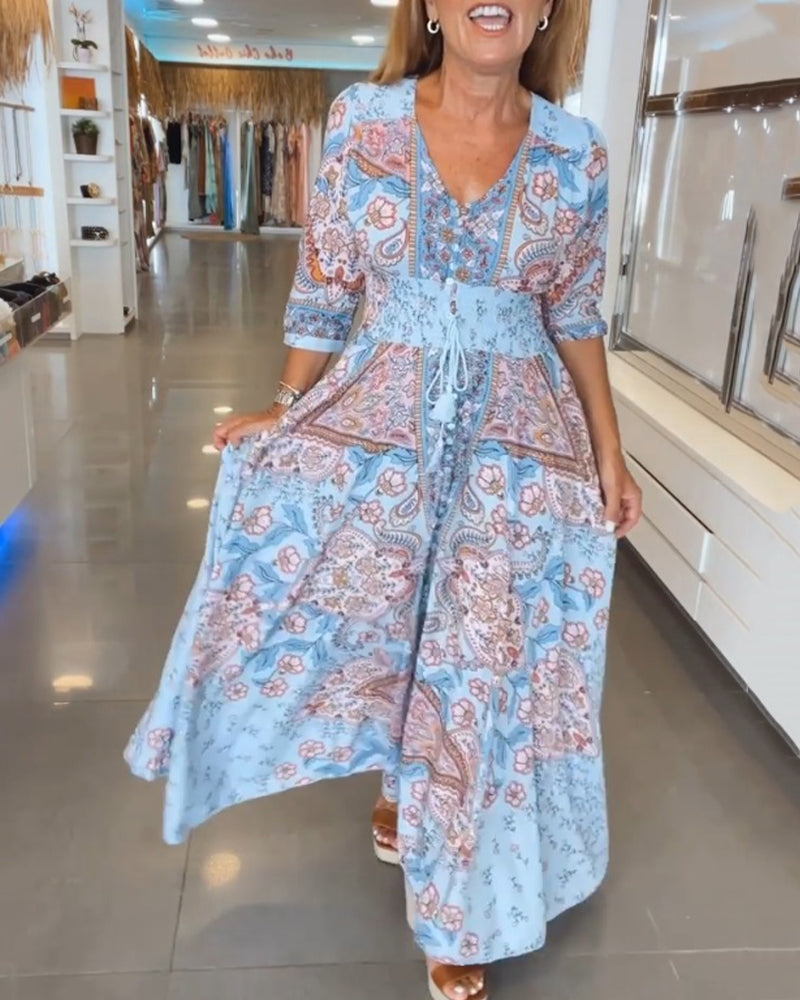 Lisa – Floral V-neck and 3/4 Sleeves Dress - Image 1