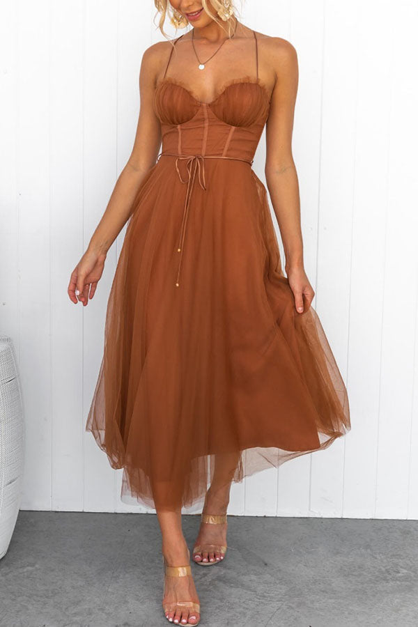 Midi Dress Women with Sweetheart Neckline and Flowy Skirt - Image 1