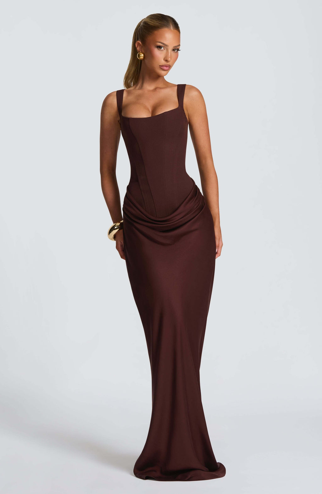 Elegant Women's Maxi Dress in Rich Chocolate Brown with Flattering Draped Detail - Image 3