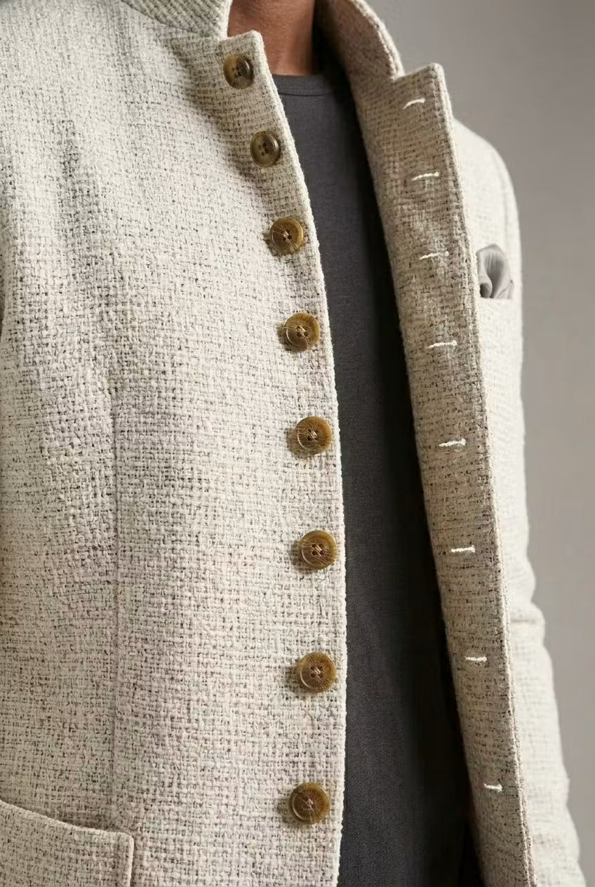 Męska marynarka szyta na miarę z kołnierzem stojącym i eleganckimi detalami w postaci guzików - J&B; - 3 - Livia-Moda
