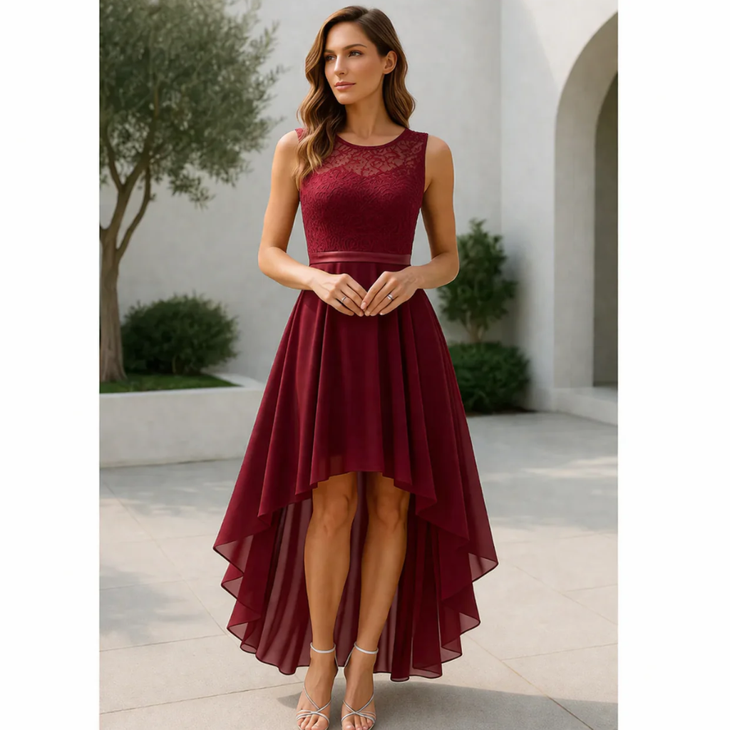 Maxi Dress Women's High-Low Hem with Lace Bodice - Image 1