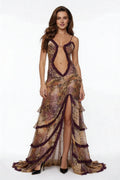 Theresa – Elegant  long dress with slit and deep neckline for Women - Image 1