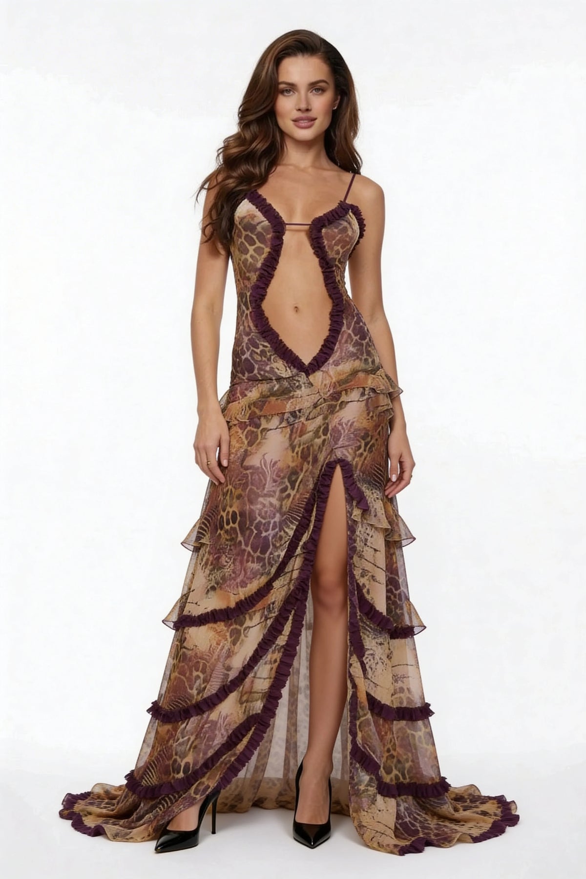 Theresa – Elegant  long dress with slit and deep neckline for Women - Image 1