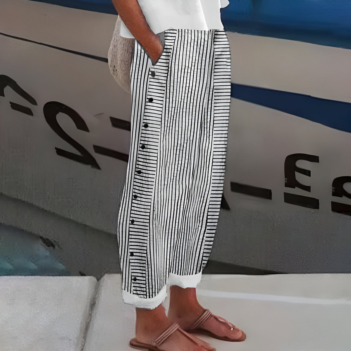 Christina – Stripe Panel Button Trousers - Image 2