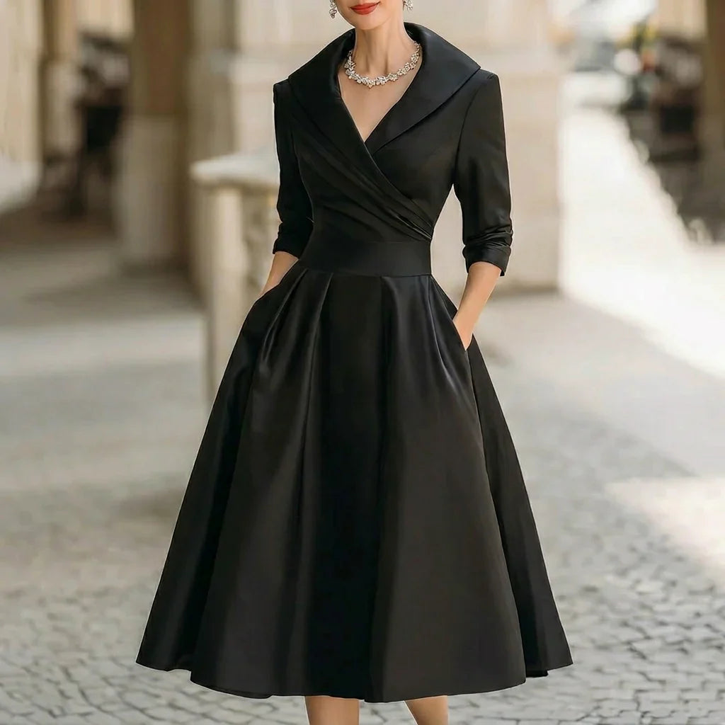 Beatriz – Elegancka sukienka midi z kołnierzem i kopertową górą
