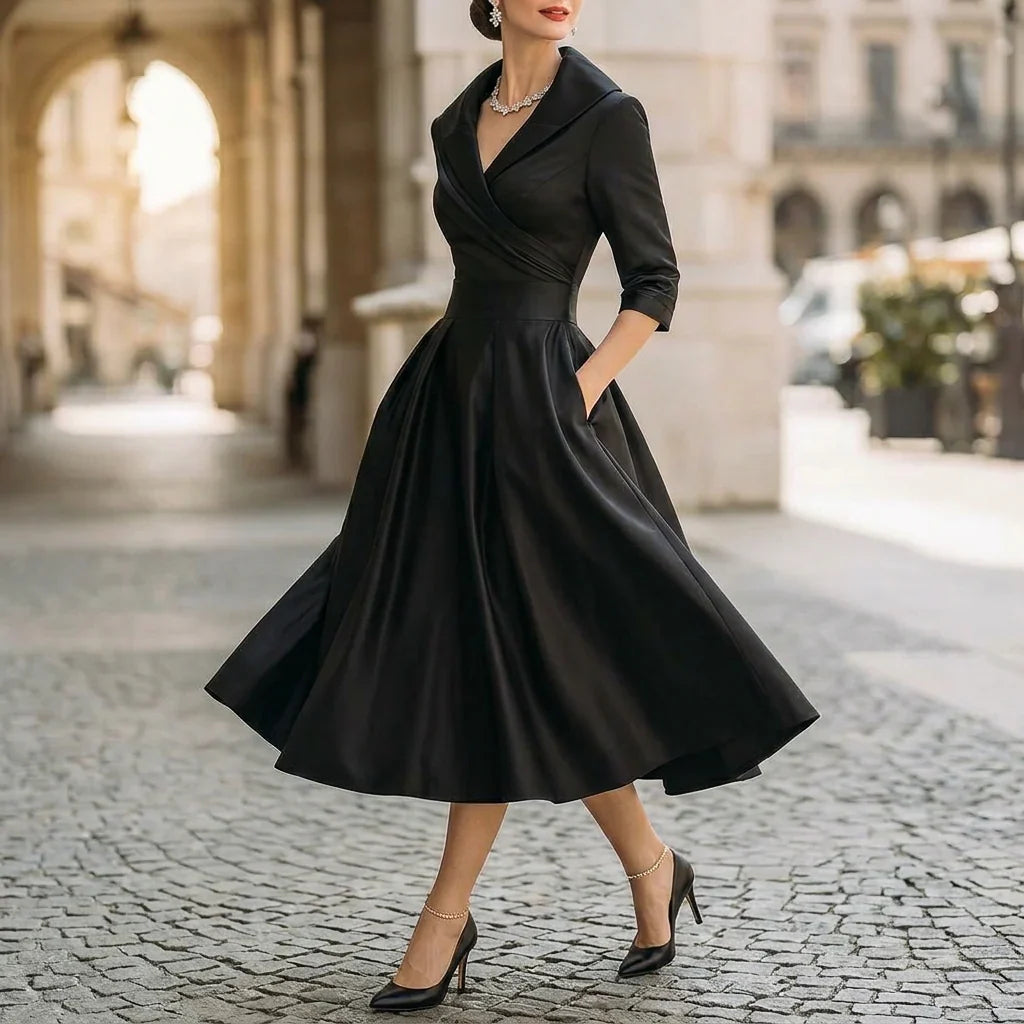 Beatriz – Elegancka sukienka midi z kołnierzem i kopertową górą