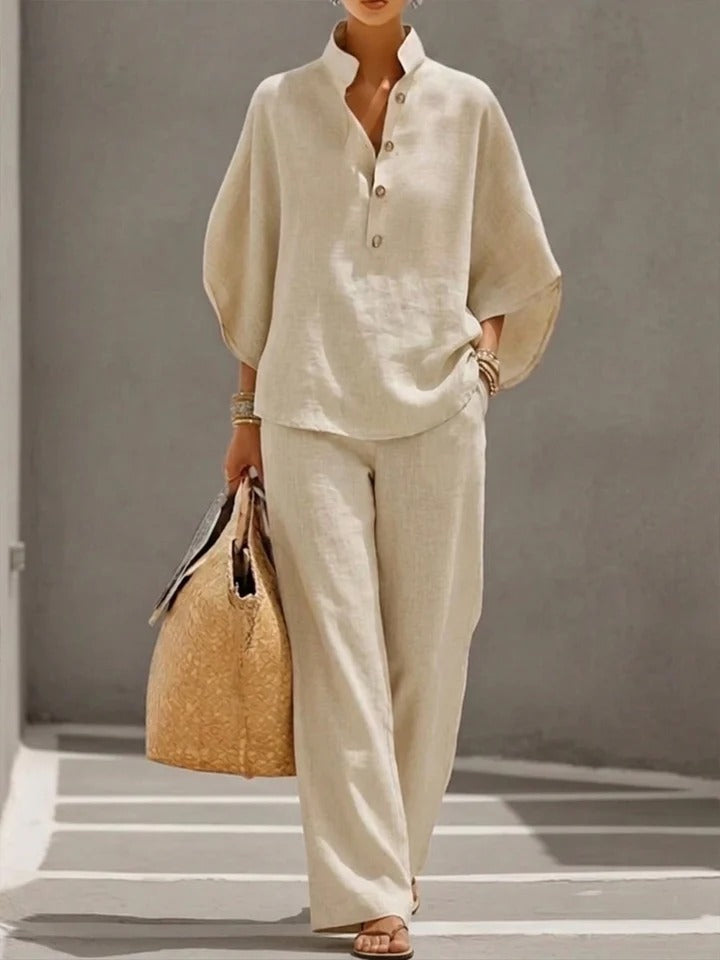 Zestaw dwuczęściowy damski z bluzką z kołnierzem i szerokimi spodniami | L&V - 1 - Livia-Moda