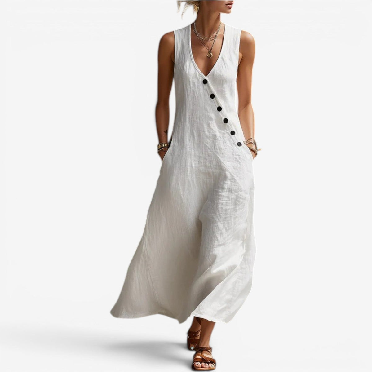 Maxi Dress Women's V-Neck Button Detail with Pockets - Image 1