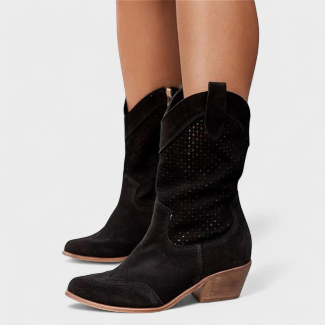 Damskie buty w stylu westernowym z perforowanym wzorem i obcasem blokowym | L&V - 4 - Livia-Moda