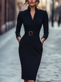 Ava – Elegant black women's dress with stand-up collar - Image 1